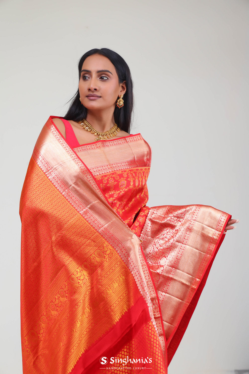 Cadmium Red Kanjivaram Silk Jaal Saree