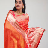 Cadmium Red Kanjivaram Silk Jaal Saree