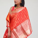 Cadmium Red Kanjivaram Silk Jaal Saree
