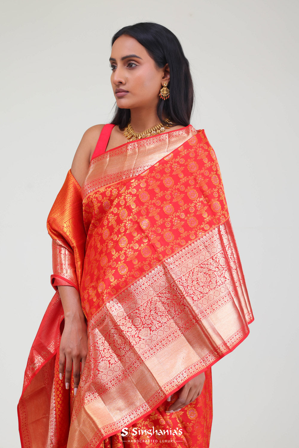 Cadmium Red Kanjivaram Silk Jaal Saree