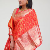 Cadmium Red Kanjivaram Silk Jaal Saree