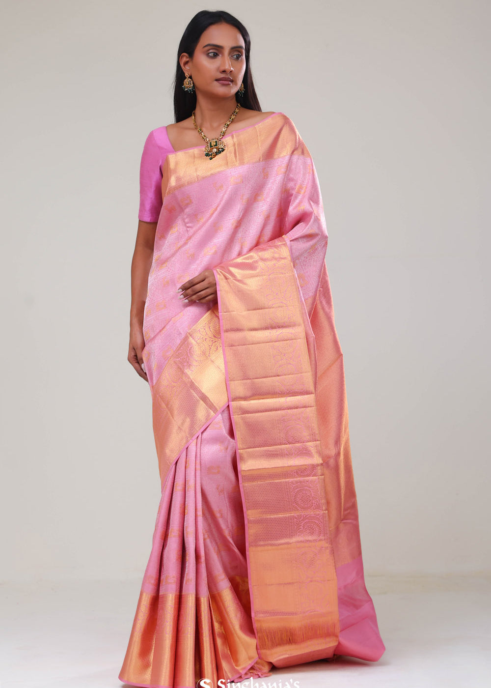 Carnation Pink Kanjivaram Silk Jaal Saree