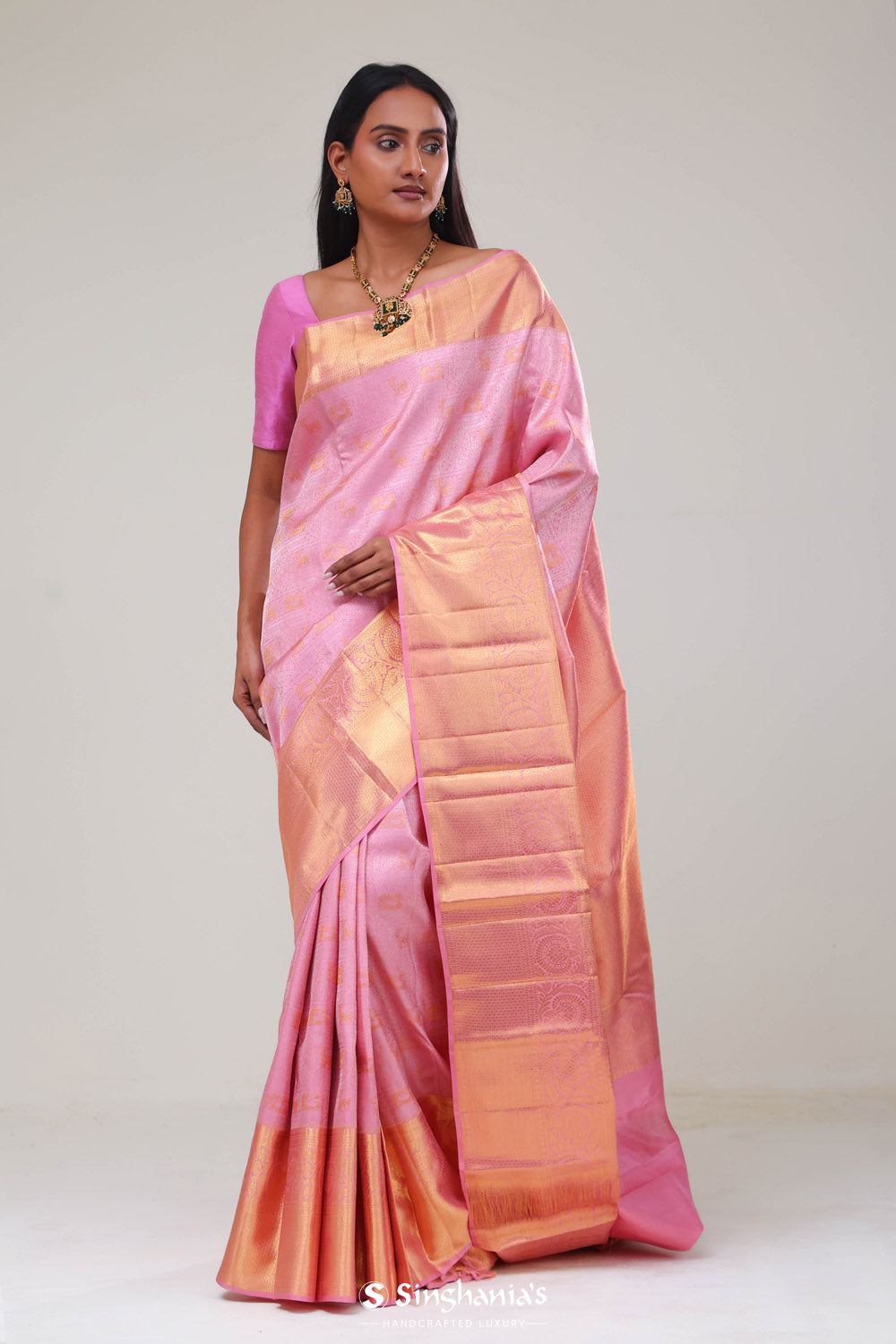 Carnation Pink Kanjivaram Silk Jaal Saree