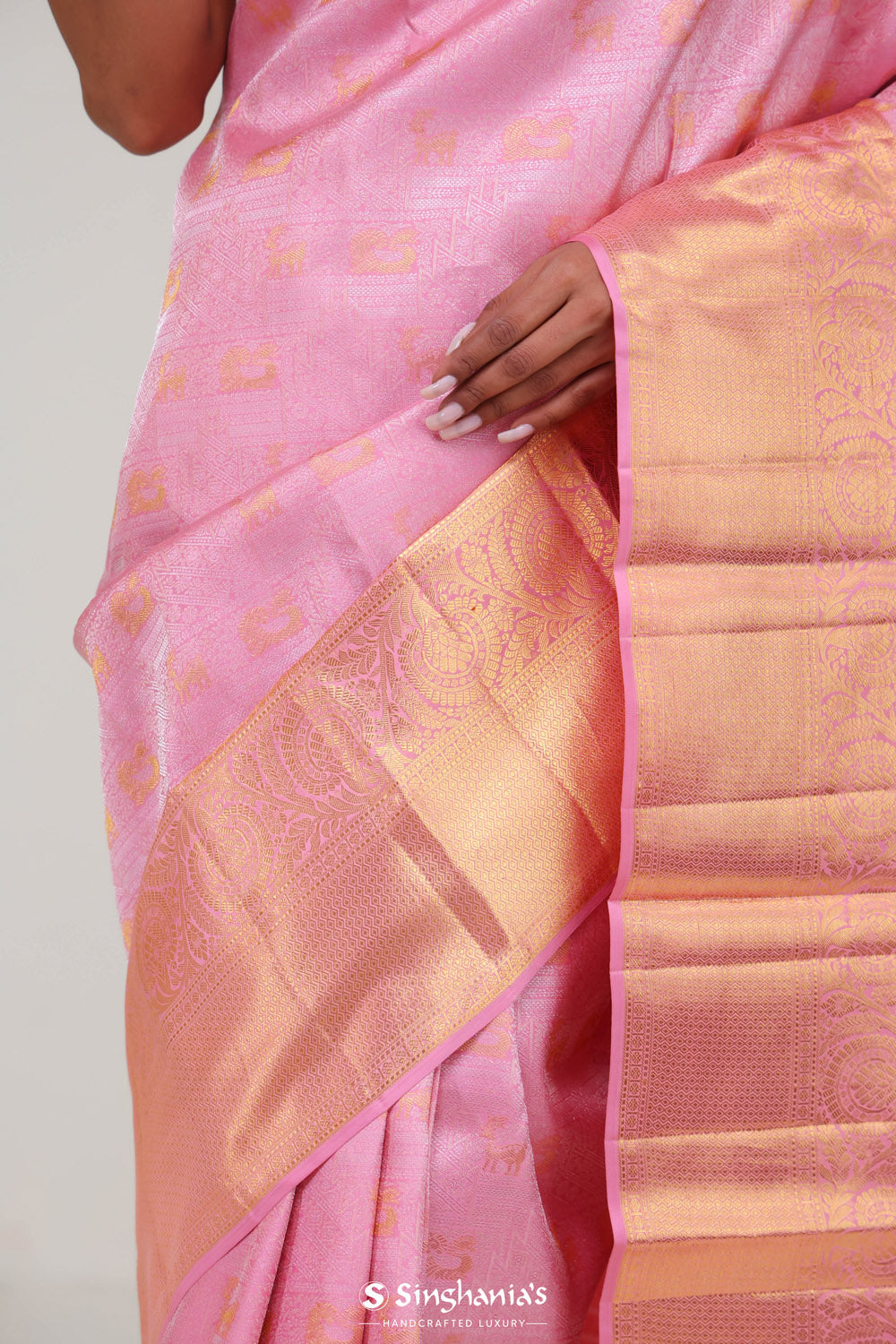 Carnation Pink Kanjivaram Silk Jaal Saree