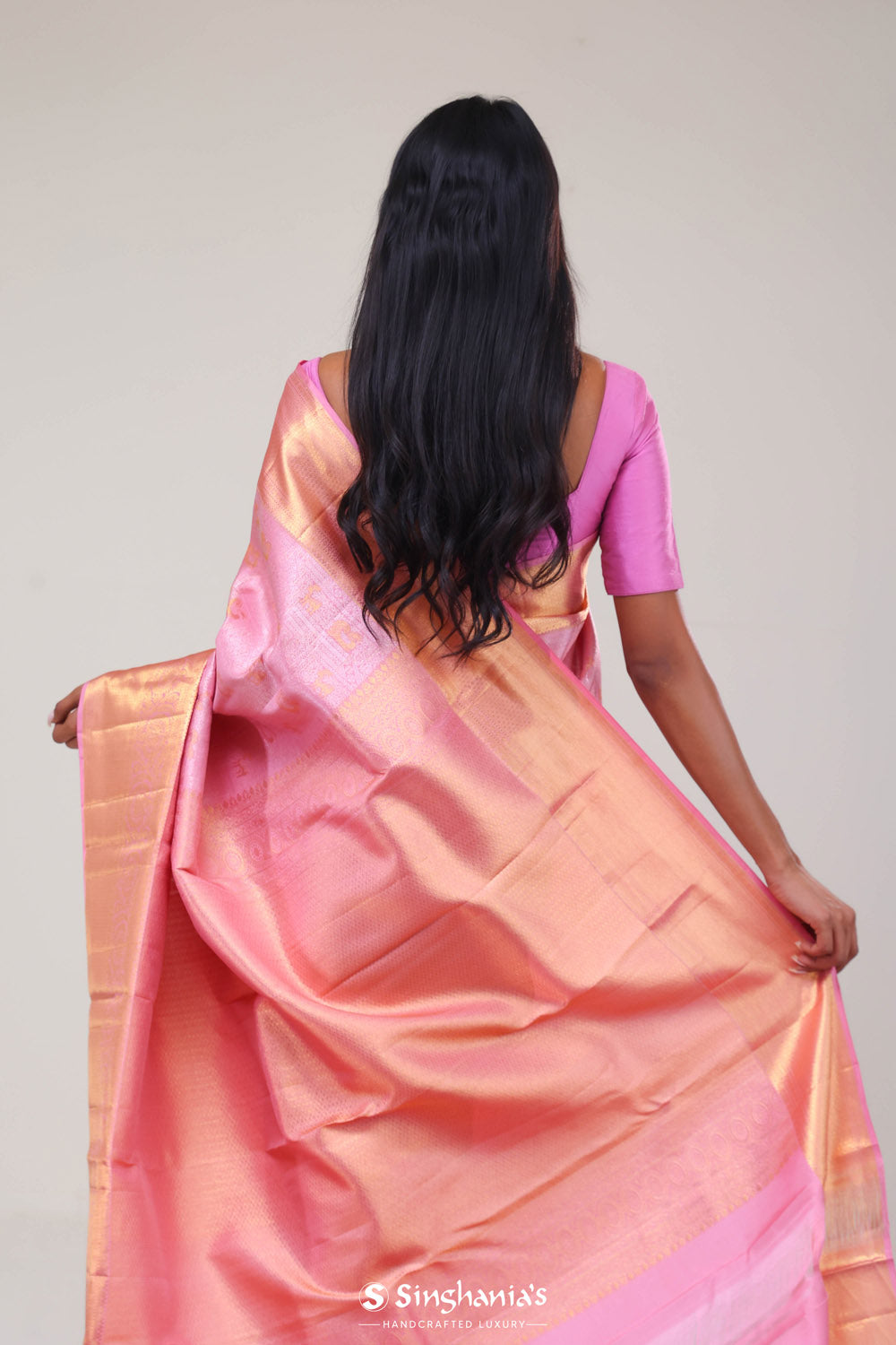Carnation Pink Kanjivaram Silk Jaal Saree