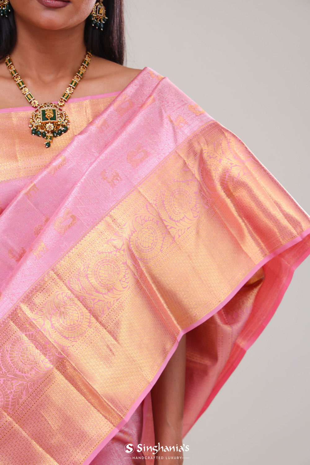 Carnation Pink Kanjivaram Silk Jaal Saree