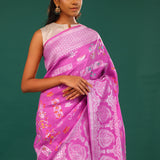 Super Pink Banarasi Tussar Saree With Floral Jaal