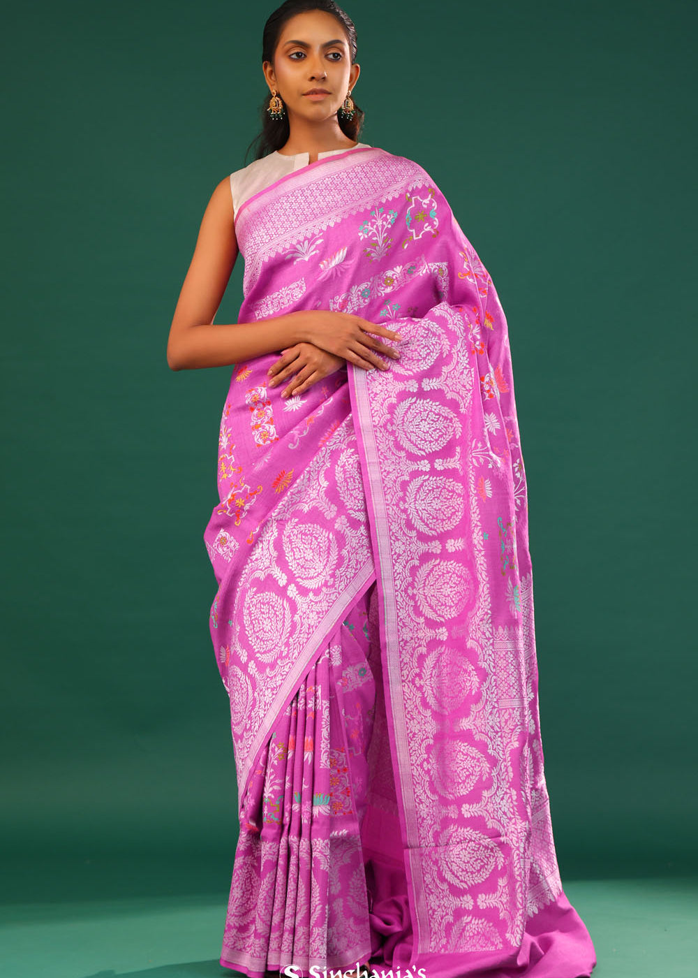 Super Pink Banarasi Tussar Saree With Floral Jaal