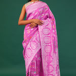 Super Pink Banarasi Tussar Saree With Floral Jaal