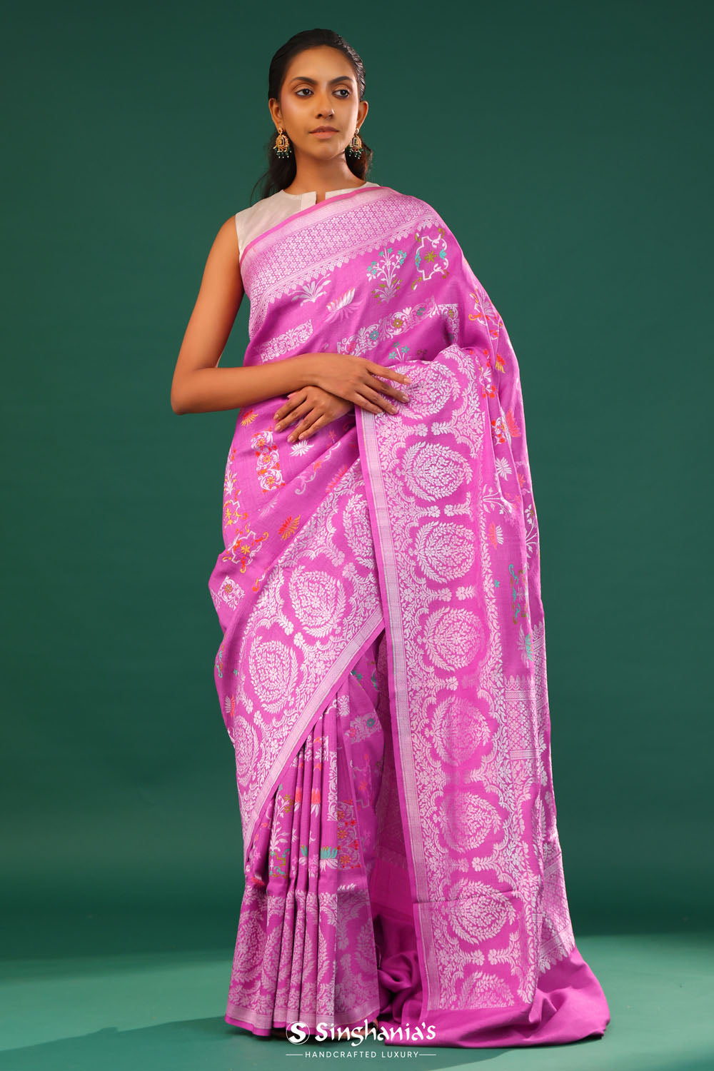Super Pink Banarasi Tussar Saree With Floral Jaal