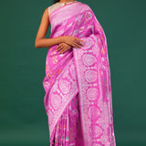 Super Pink Banarasi Tussar Saree With Floral Jaal