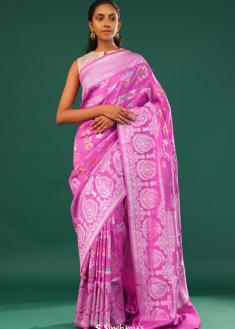 <img> Super Pink Banarasi Tussar Saree With Floral Jaal