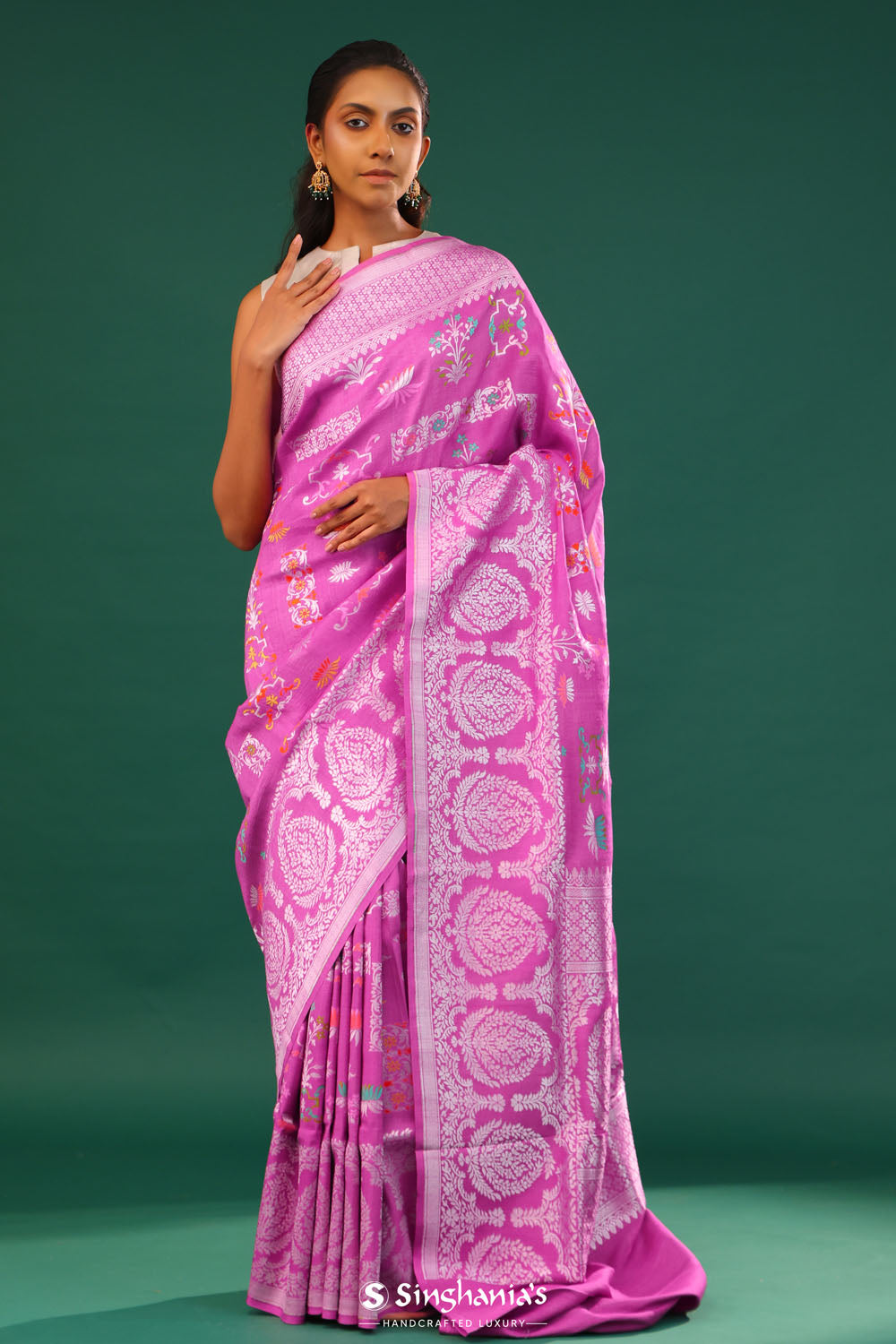 Super Pink Banarasi Tussar Saree With Floral Jaal