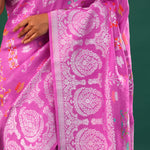 Super Pink Banarasi Tussar Saree With Floral Jaal