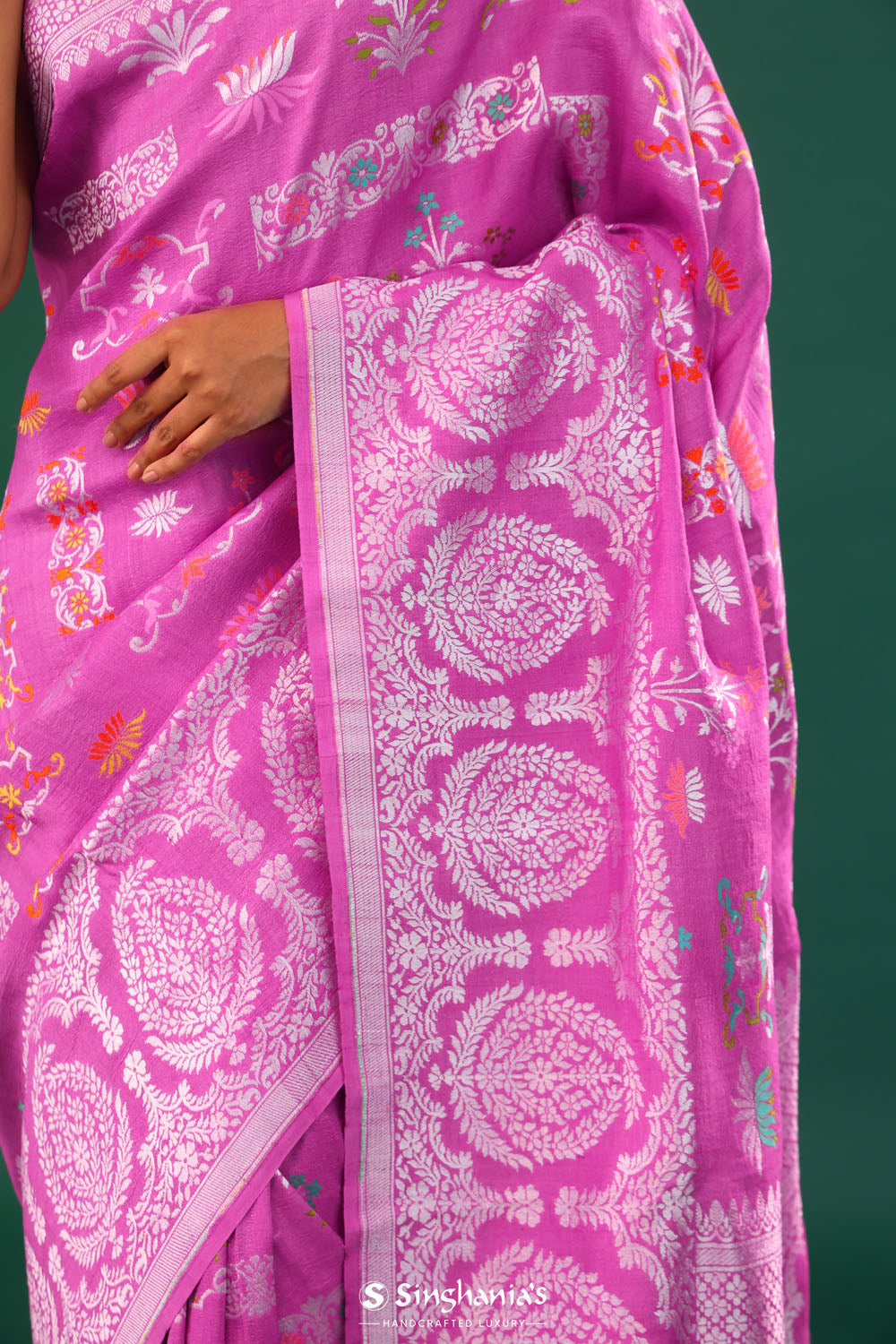 Super Pink Banarasi Tussar Saree With Floral Jaal