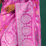 Super Pink Banarasi Tussar Saree With Floral Jaal