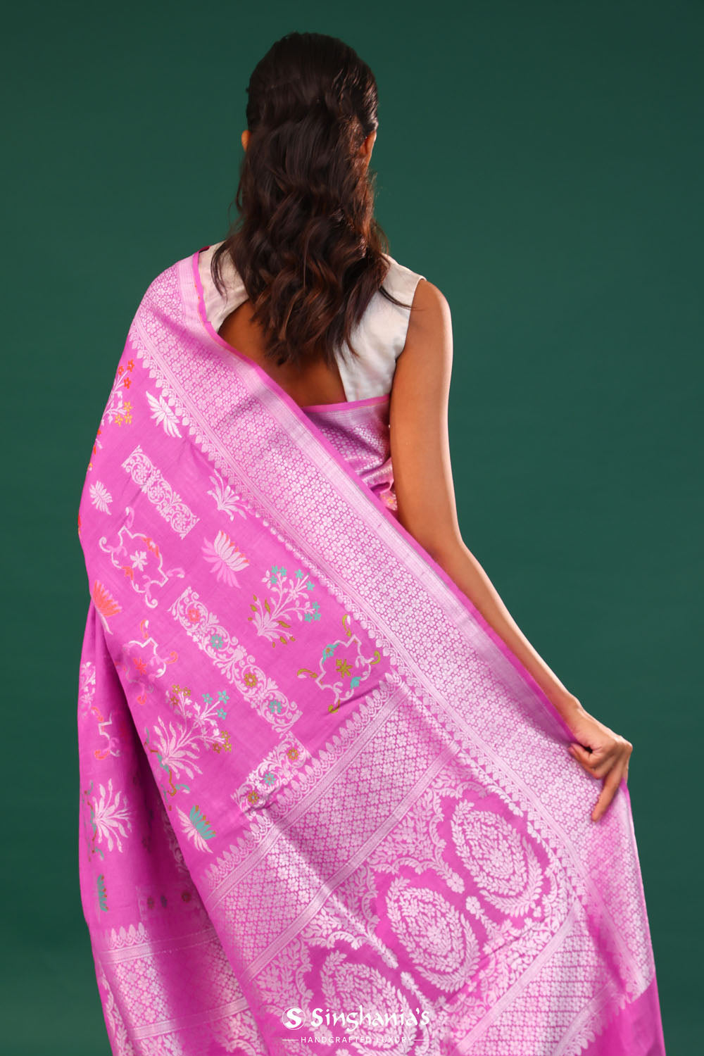 Super Pink Banarasi Tussar Saree With Floral Jaal