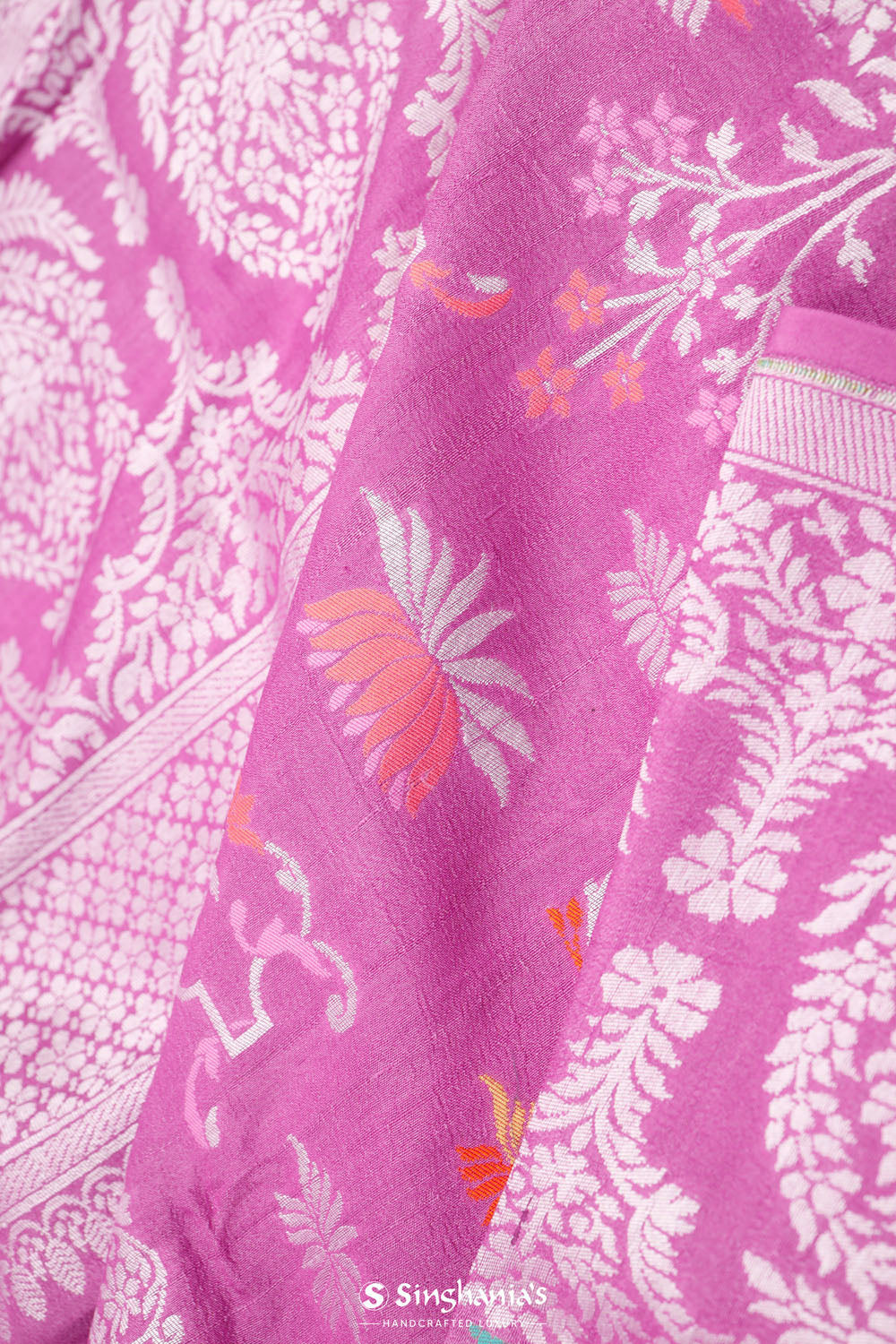 Super Pink Banarasi Tussar Saree With Floral Jaal