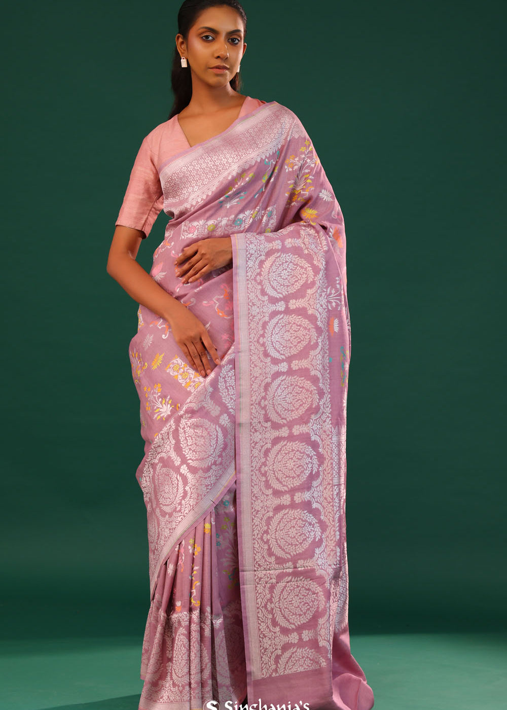 Puce Pink Banarasi Tussar Saree With Floral Jaal