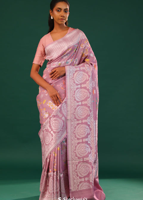 <img> Puce Pink Banarasi Tussar Saree With Floral Jaal
