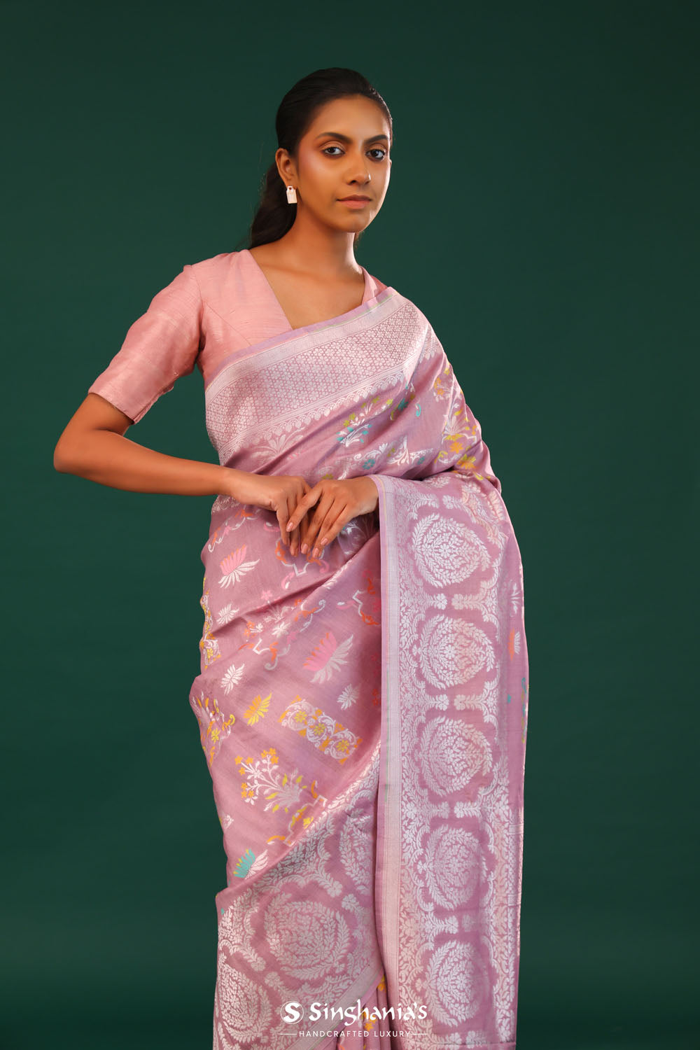Puce Pink Banarasi Tussar Saree With Floral Jaal