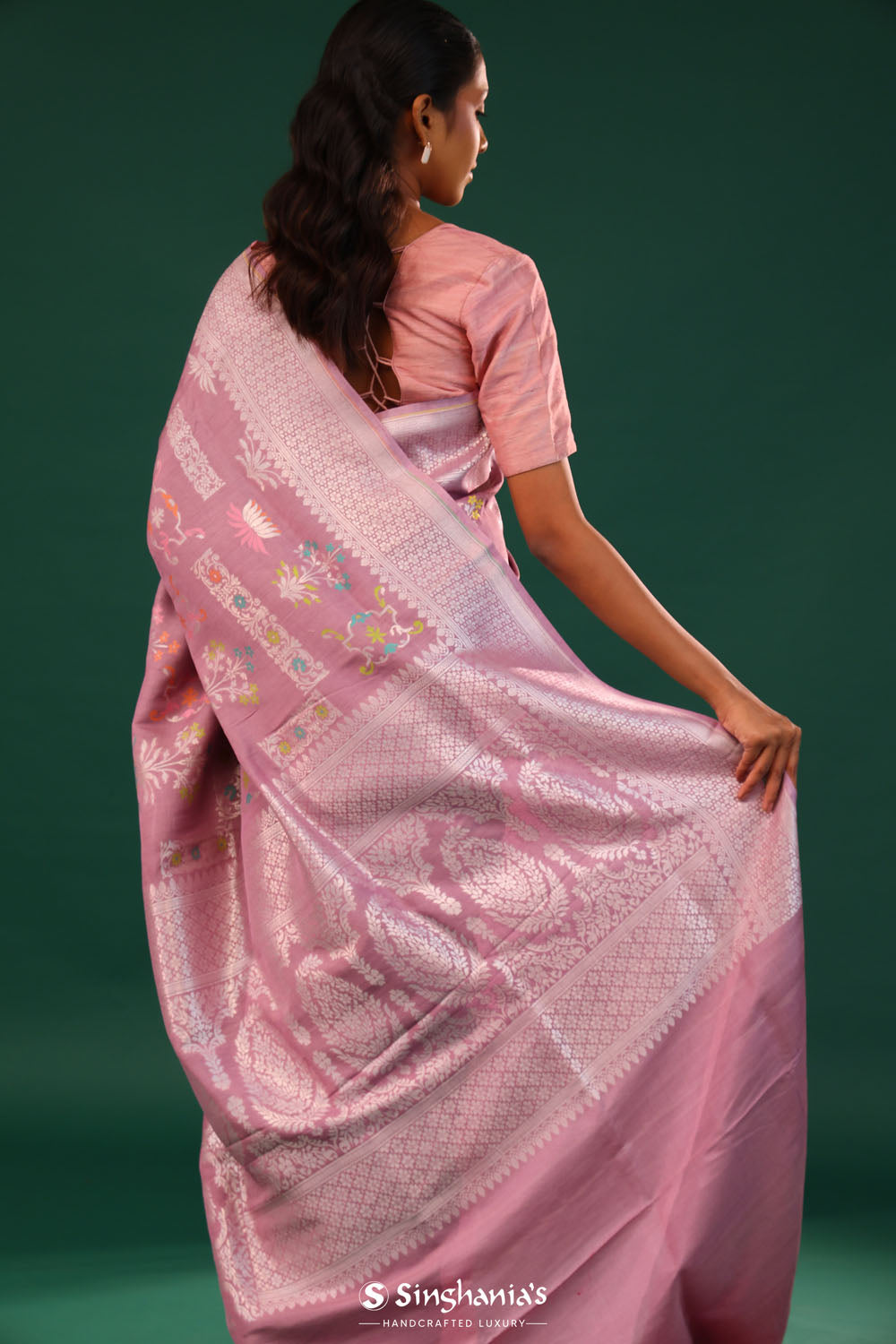 Puce Pink Banarasi Tussar Saree With Floral Jaal