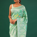 Mint Green Banarasi Tussar Saree With Floral Jaal