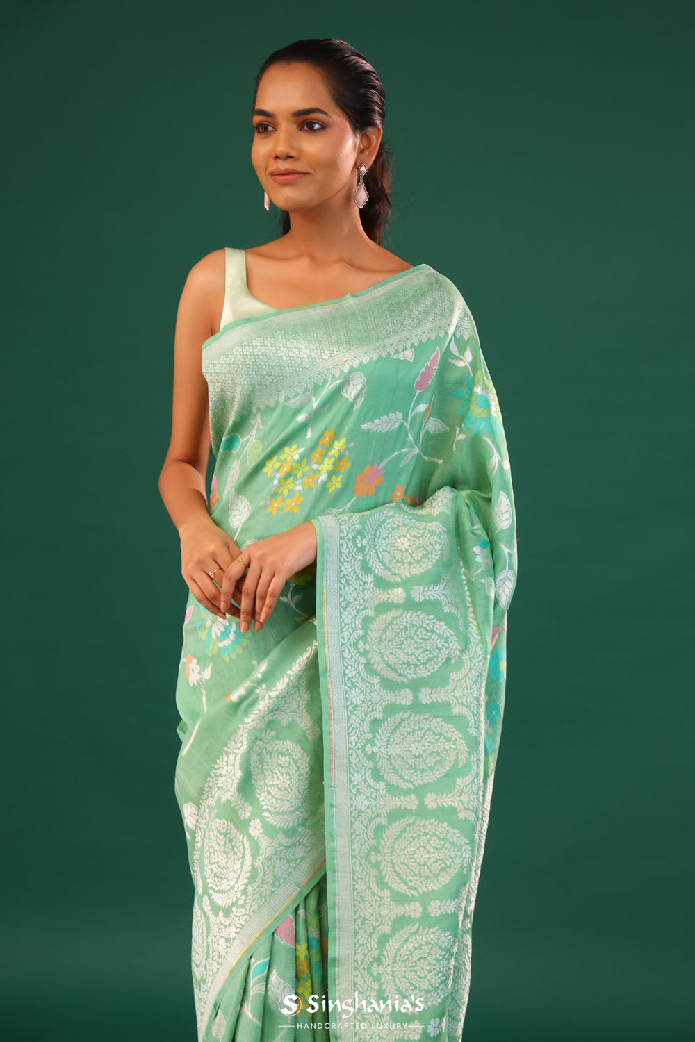 Mint Green Banarasi Tussar Saree With Floral Jaal