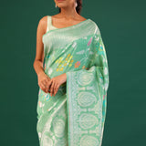 Mint Green Banarasi Tussar Saree With Floral Jaal