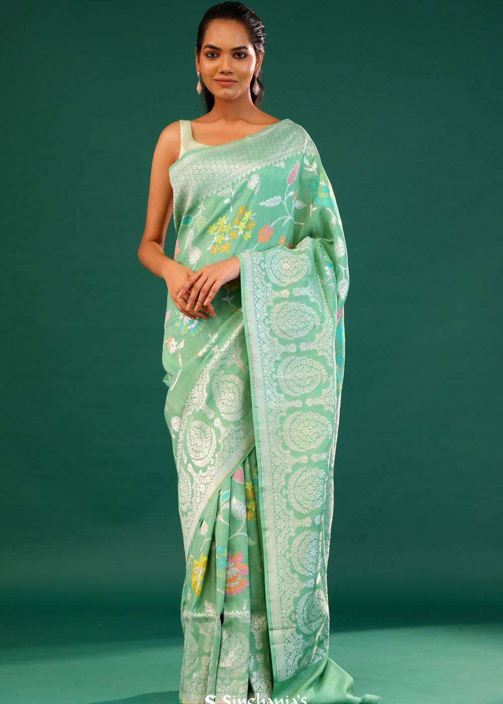Mint Green Banarasi Tussar Saree With Floral Jaal