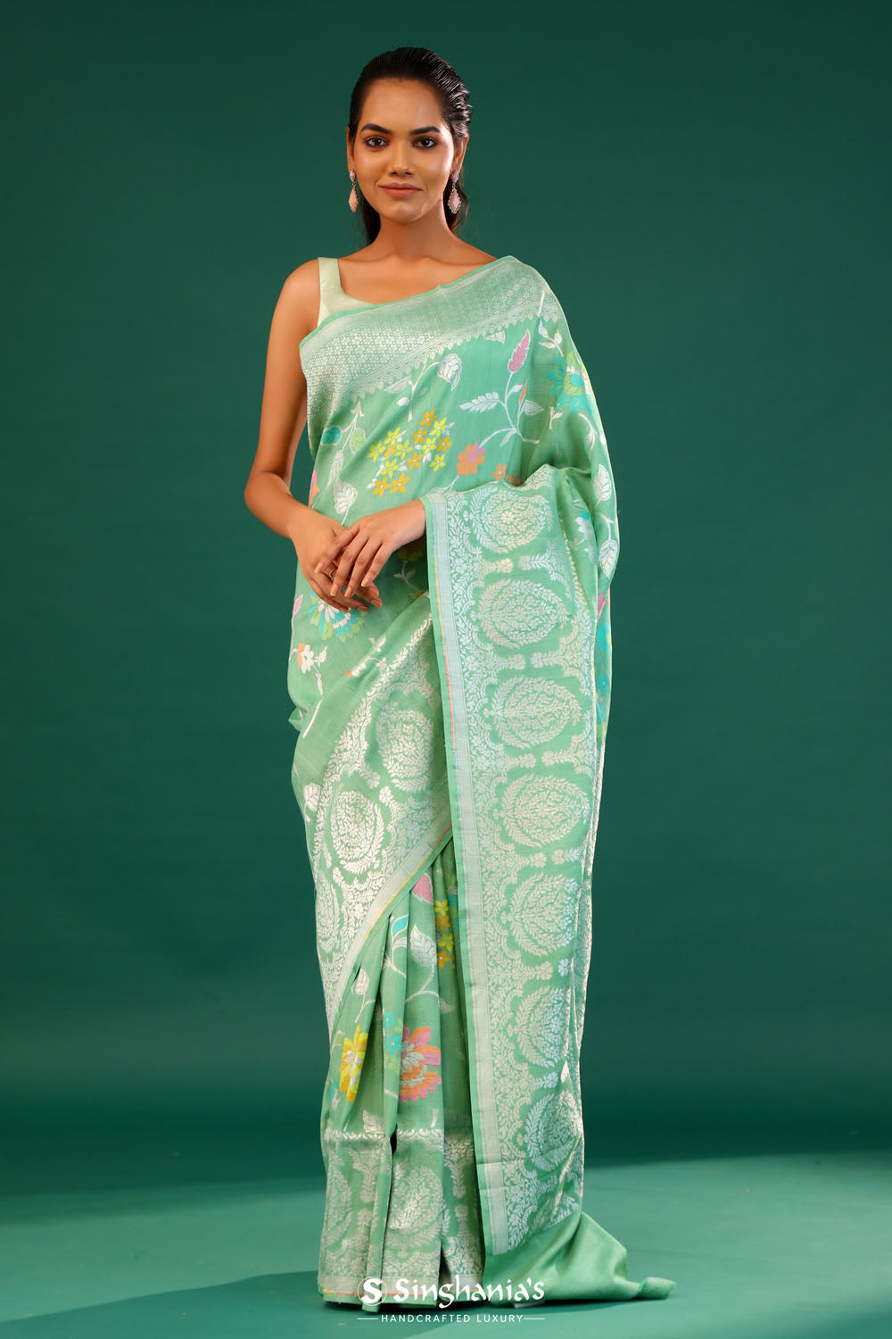 Mint Green Banarasi Tussar Saree With Floral Jaal