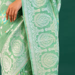 Mint Green Banarasi Tussar Saree With Floral Jaal