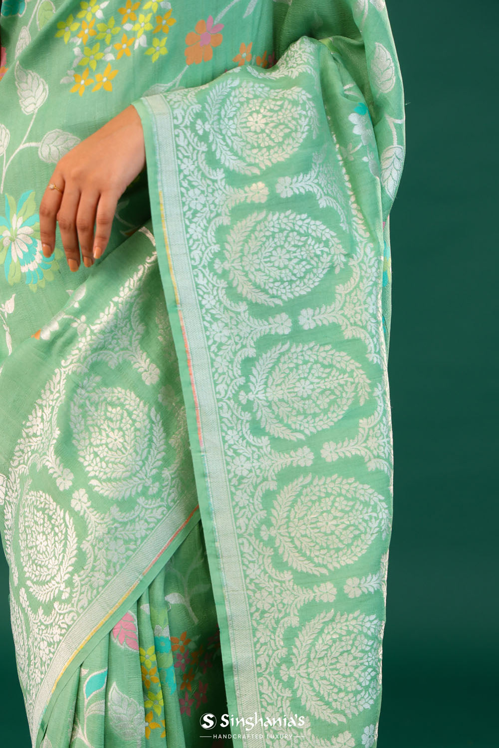 Mint Green Banarasi Tussar Saree With Floral Jaal