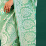 Mint Green Banarasi Tussar Saree With Floral Jaal
