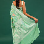 Mint Green Banarasi Tussar Saree With Floral Jaal