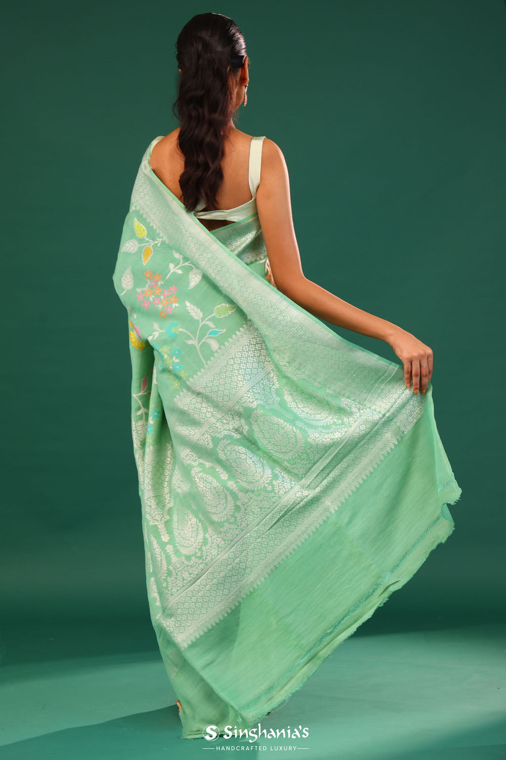 Mint Green Banarasi Tussar Saree With Floral Jaal