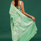 Mint Green Banarasi Tussar Saree With Floral Jaal