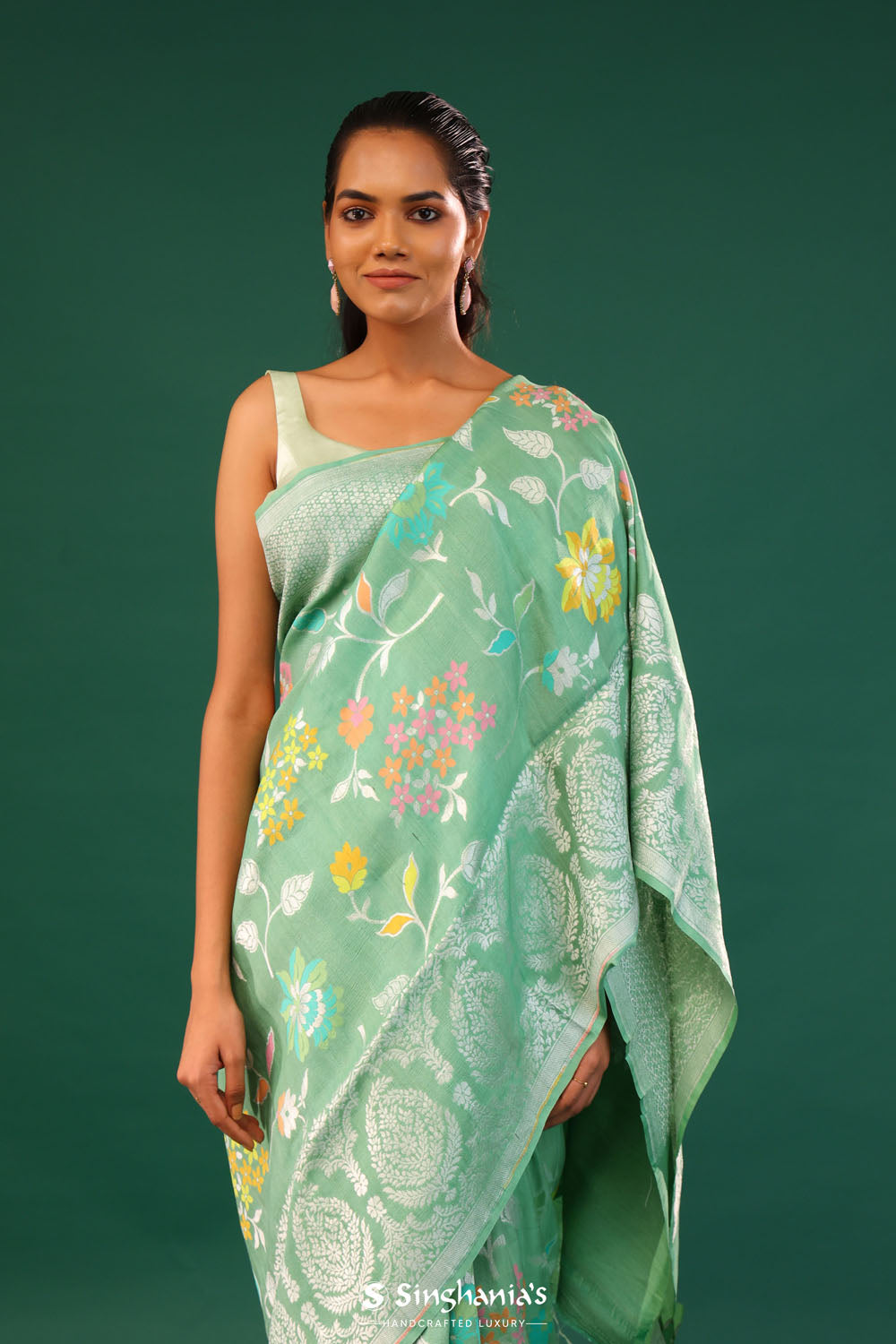 Mint Green Banarasi Tussar Saree With Floral Jaal