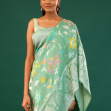 Mint Green Banarasi Tussar Saree With Floral Jaal