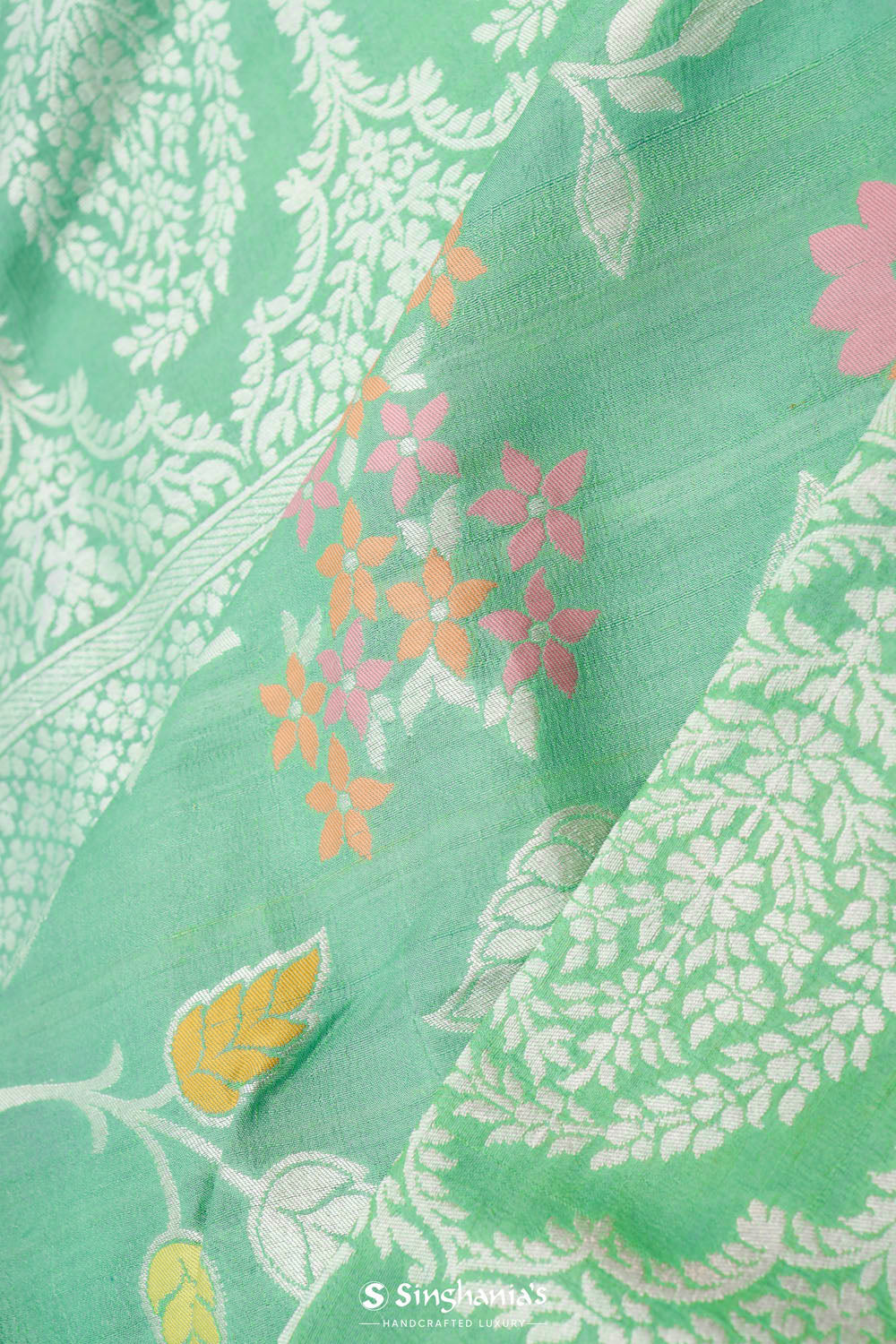 Mint Green Banarasi Tussar Saree With Floral Jaal