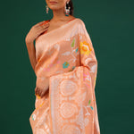 Deep Peach Banarasi Tussar Saree With Floral Jaal