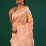 Deep Peach Banarasi Tussar Saree With Floral Jaal