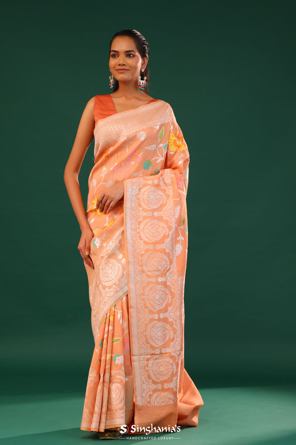 Deep Peach Banarasi Tussar Saree With Floral Jaal