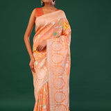 Deep Peach Banarasi Tussar Saree With Floral Jaal