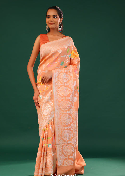 <img> Deep Peach Banarasi Tussar Saree With Floral Jaal