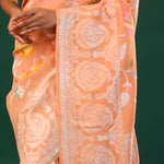 Deep Peach Banarasi Tussar Saree With Floral Jaal