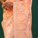 Deep Peach Banarasi Tussar Saree With Floral Jaal
