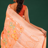 Deep Peach Banarasi Tussar Saree With Floral Jaal