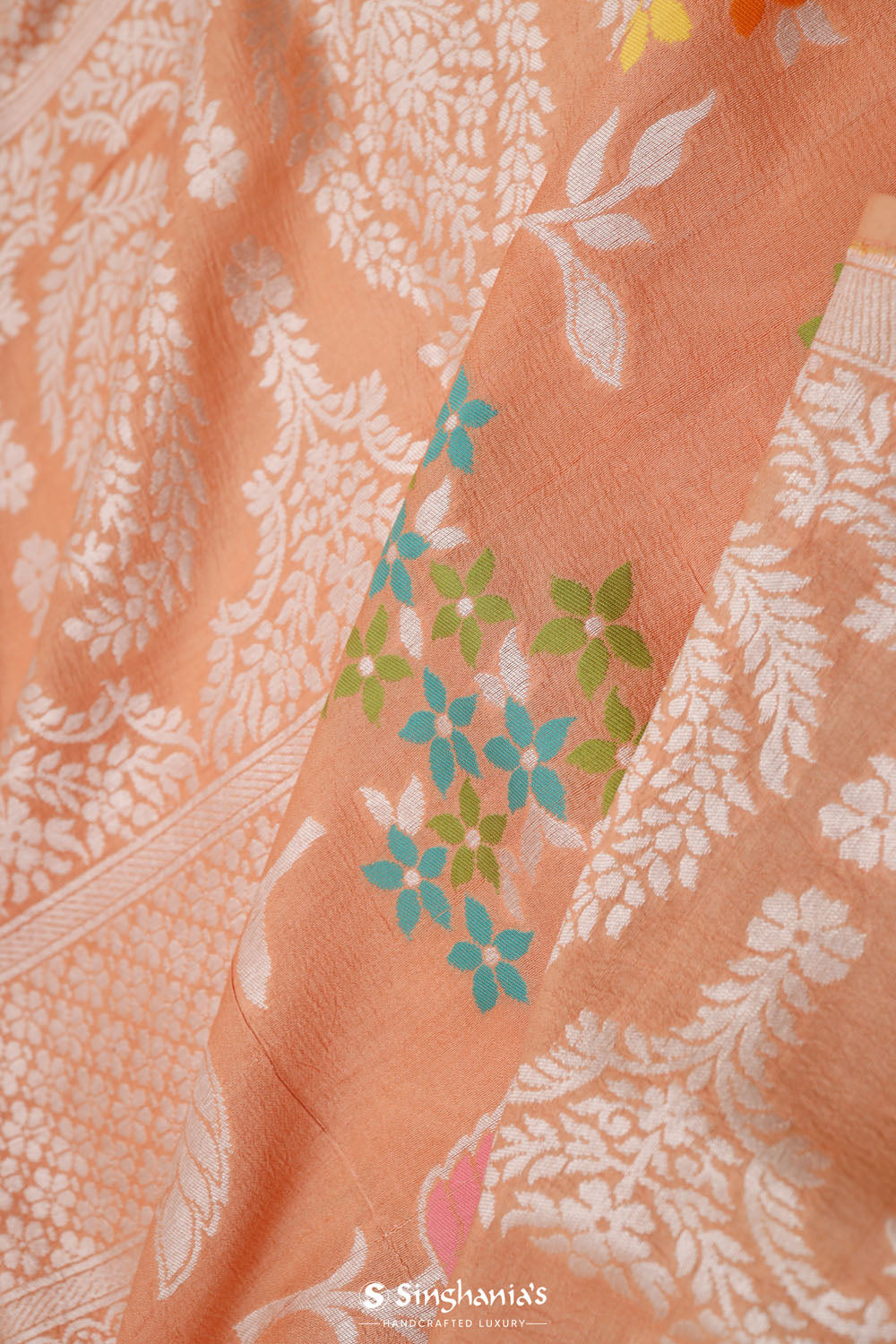 Deep Peach Banarasi Tussar Saree With Floral Jaal