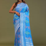 Blue Munga Banarasi Tussar Saree With Paisley And Meenakari Design
